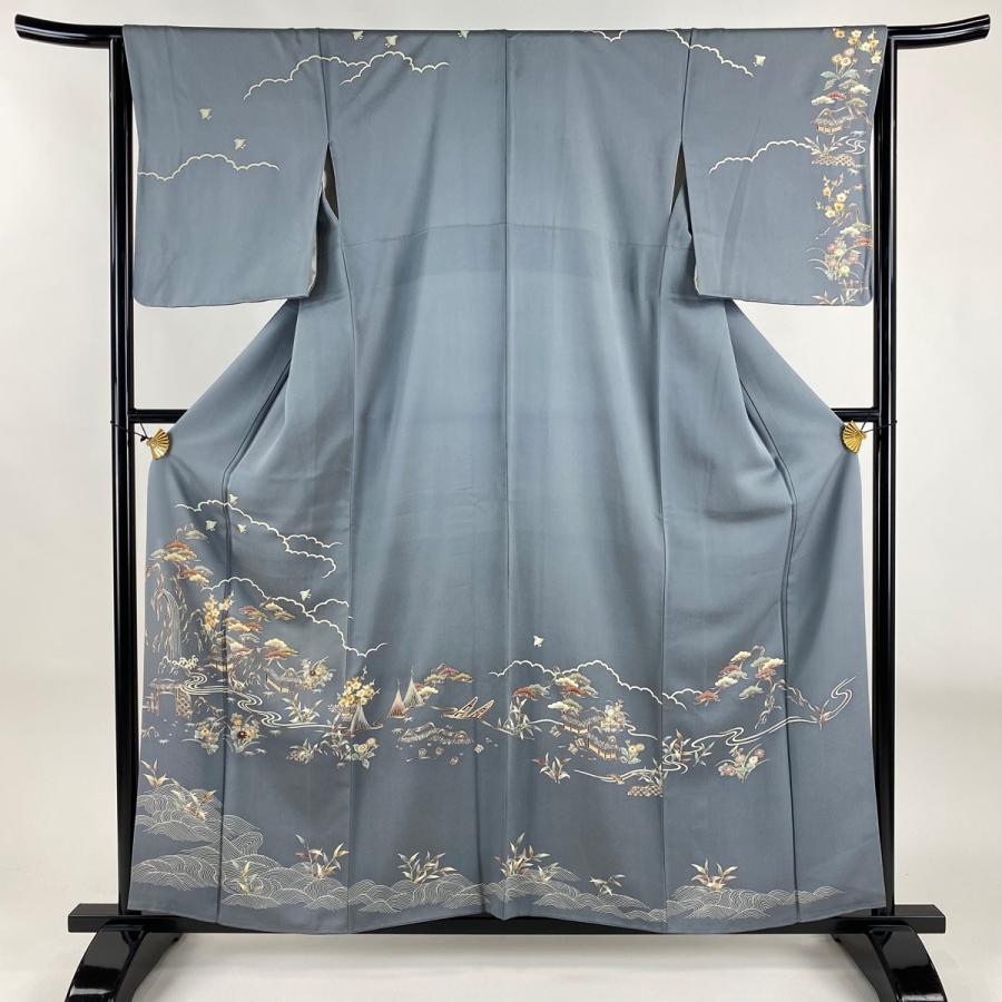 訪問着 身丈158cm 裄丈65cm M 袷 松竹梅 家屋 刺繍 金糸 灰色 正絹 秀