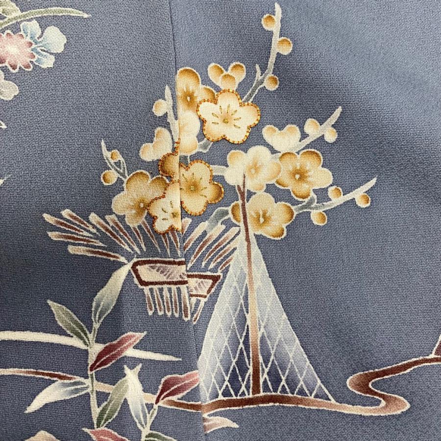 訪問着 身丈158cm 裄丈65cm M 袷 松竹梅 家屋 刺繍 金糸 灰色 正絹 秀