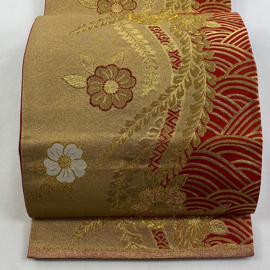 袋帯 秀品 草花 波 金糸 箔 金色 六通 正絹 中古 : リユースセレクト