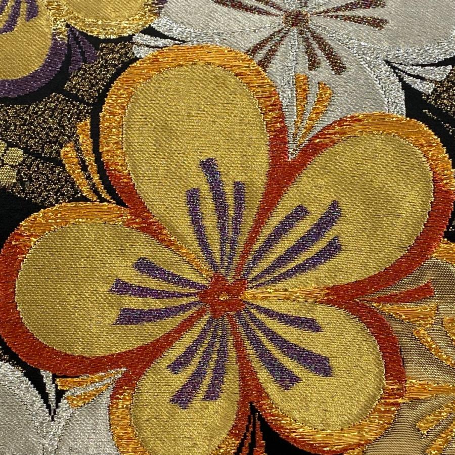 美品 袋帯 秀品 梅 流水 金銀糸 箔 黒 六通 正絹 中古 : リユース