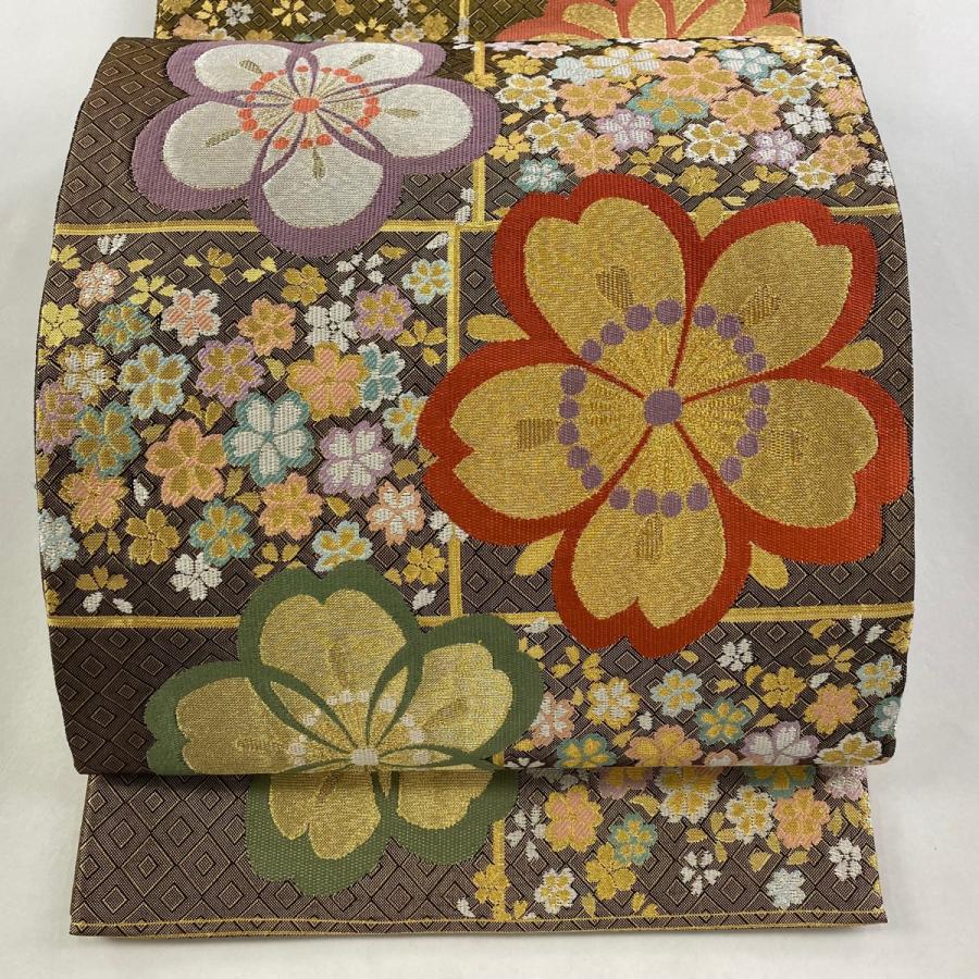 美品 袋帯 秀品 振袖向き 桜 梅 金糸 箔 金色 六通 正絹 中古