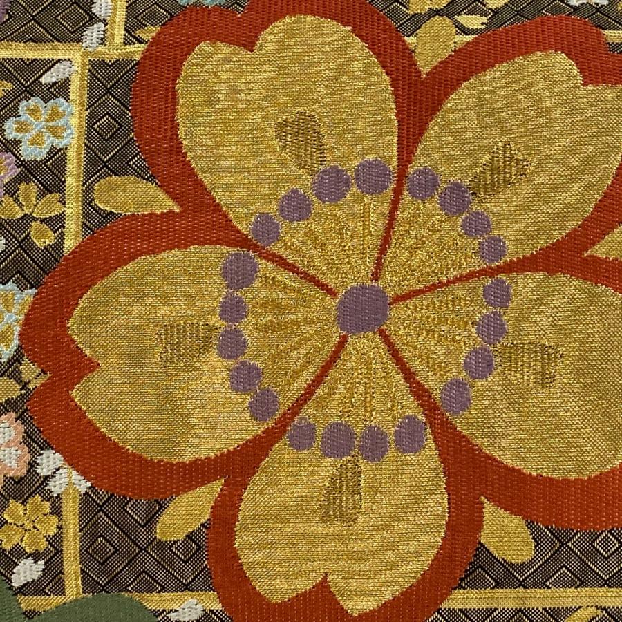 美品 袋帯 秀品 振袖向き 桜 梅 金糸 箔 金色 六通 正絹 中古