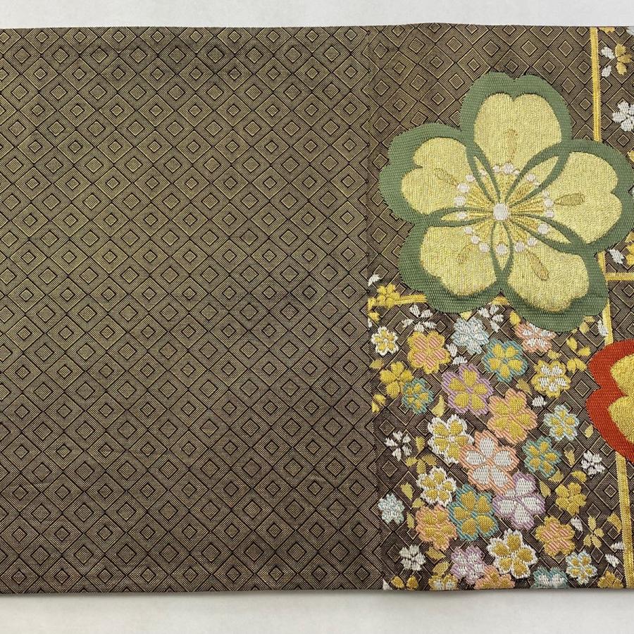 美品 袋帯 秀品 振袖向き 桜 梅 金糸 箔 金色 六通 正絹 中古