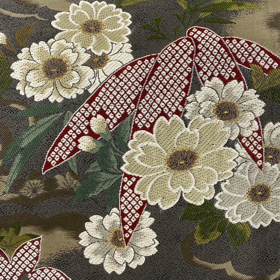 美品 袋帯 秀品 やまと 桜 笹 金糸 灰色 六通 正絹 中古 : リユース