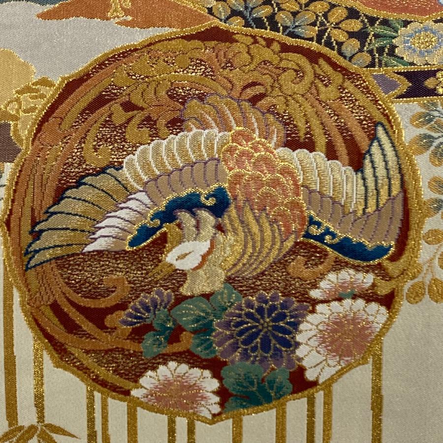 袋帯 秀品 鳳凰 秋草 箔 ベージュ 六通 正絹 中古 : リユースセレクト