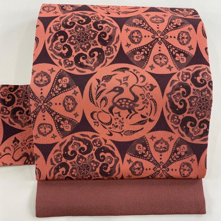 名古屋帯 秀品 華文 鳥 縮緬 灰紫 正絹 中古 : リユースセレクト