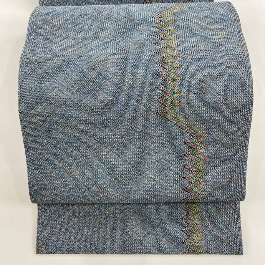 近賢織物　松葉仕立て　八寸名古屋帯 名古屋帯 秀品 松葉仕立て 八寸名古屋帯 幾何学 金糸 青灰色 正絹 中古