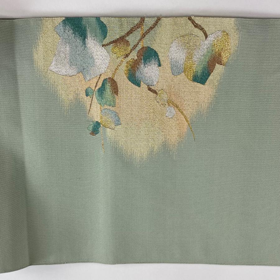 名古屋帯 秀品 松葉仕立て 八寸名古屋帯 鈴乃屋 蔦 霞 金銀糸 灰緑