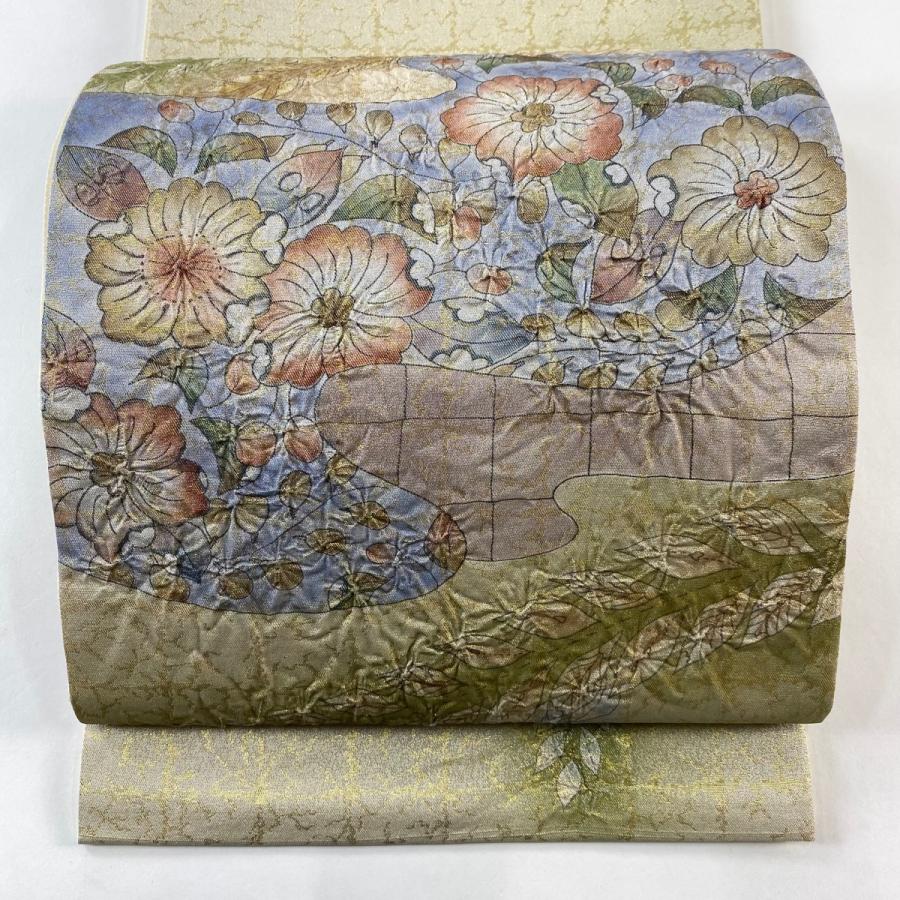 美品 袋帯 名品 辻が花 霞 箔 鶯色 お太鼓柄 正絹 中古 : リユース