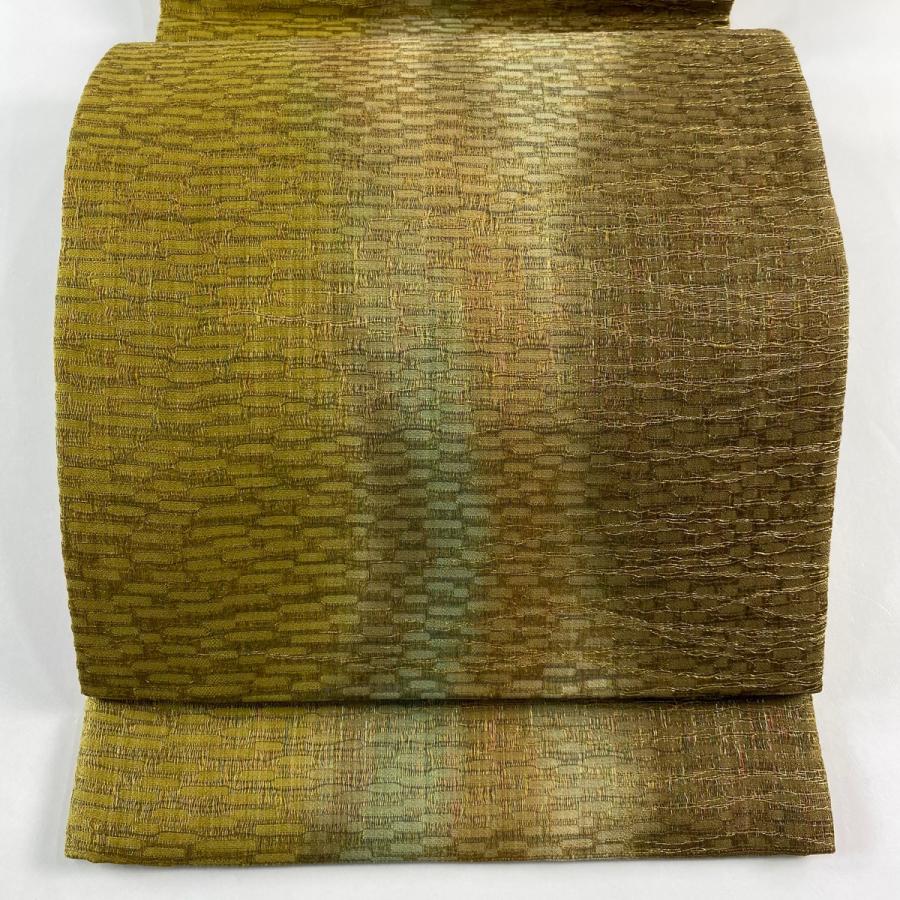 美品】 袋帯 名品 加納幸 落款 縞 幾何学 金銀彩 茶色 六通 正絹