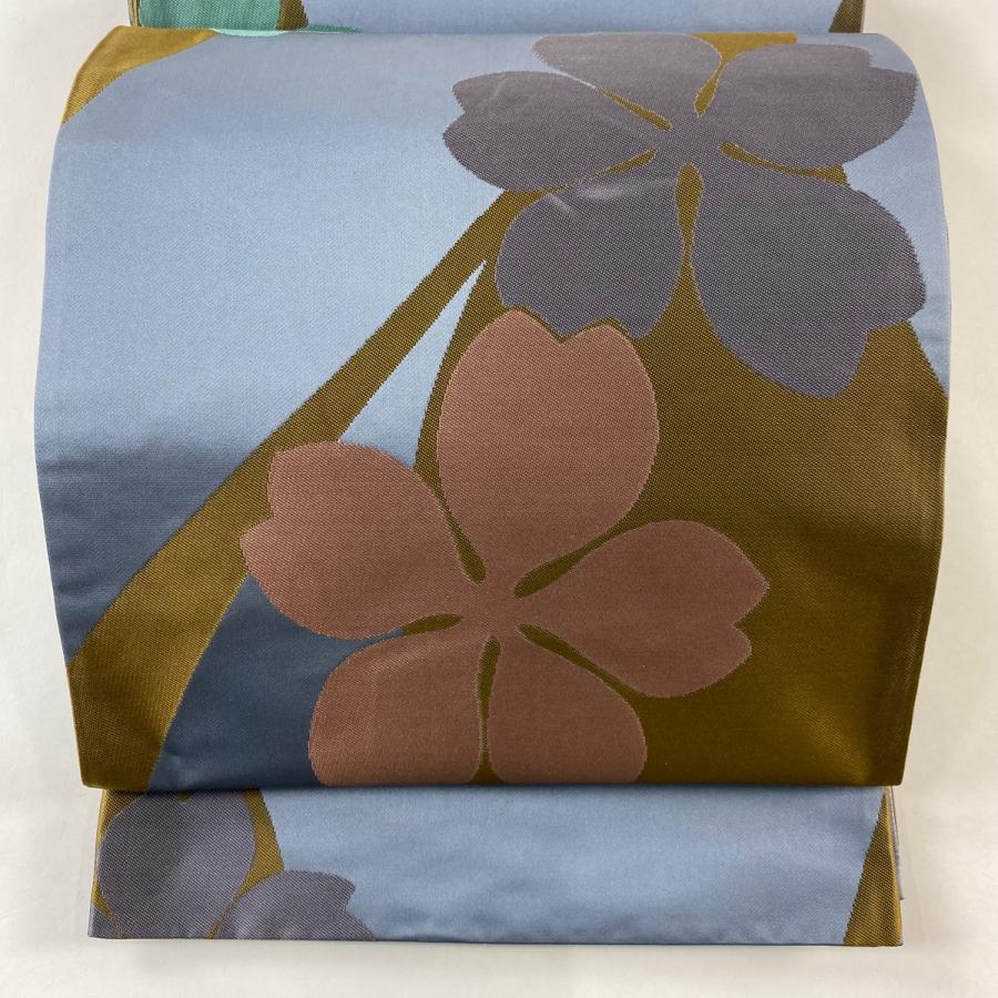 袋帯 逸品 辻村ジュサブロー 落款あり 花 青灰色 六通 正絹 中古 在庫 