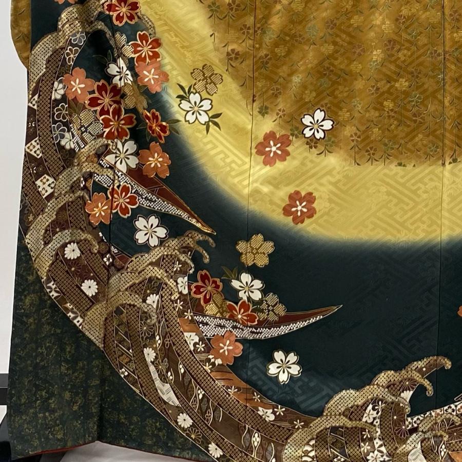 振袖 身丈169cm 裄丈70.5cm L 袷 桜 波頭 金糸 金彩 黄土色 正絹 秀品 