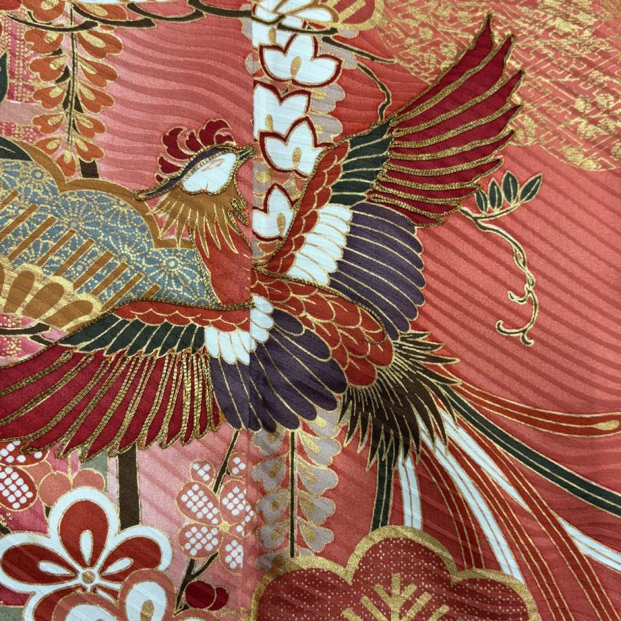 振袖 身丈159cm 裄丈63cm S 袷 鳳凰 笠松 金糸 金彩 サーモンピンク