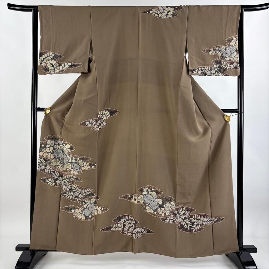 訪問着 身丈161.5cm 裄丈63cm 正絹 名品 【中古】 訪問着 身丈161.5cm 裄丈63cm S 袷 霞 草花 灰茶 正絹 秀品 中古 在庫
