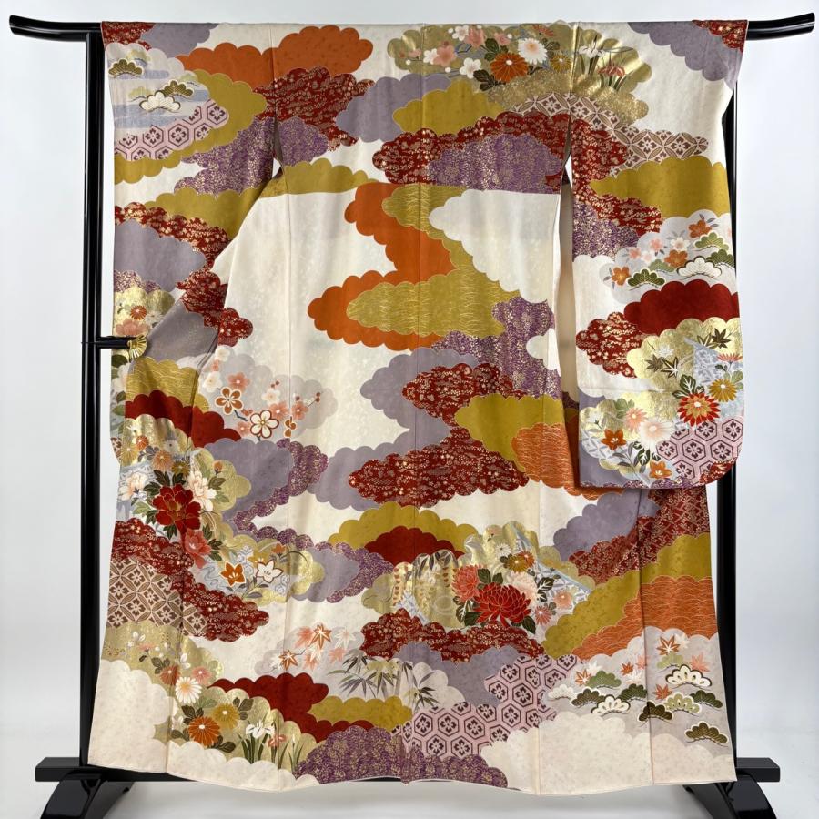 振袖 身丈159cm 裄丈66cm M 袷 雲文 草花 金糸 金彩 クリーム 正絹 秀