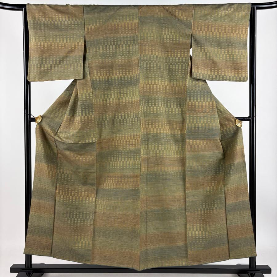 小紋 身丈154.5cm 裄丈64.5cm M 袷 縞 幾何学模様 茶緑色 正絹 美品