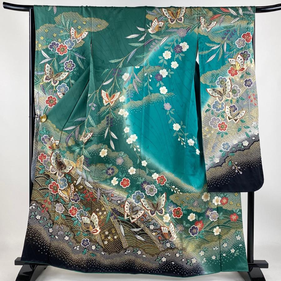 振袖 身丈162cm 裄丈66.5cm M 袷 蝶々 桜 金彩 染め分け 緑 正絹 名品