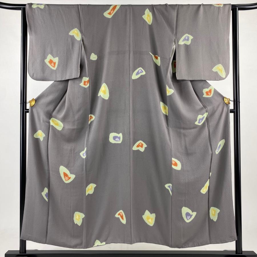 小紋 身丈153cm 裄丈65cm M 袷 幾何学模様 絞り 灰紫 正絹 名品 中古