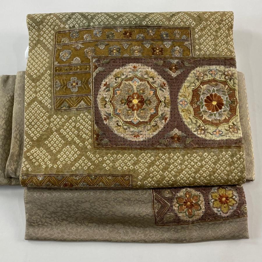 付け帯 美品 逸品 作り帯 やまと 華文 草花 刺繍 金糸 薄茶色 正絹 