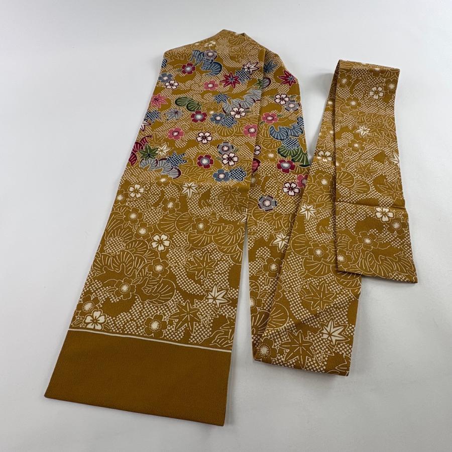 美品 名古屋帯 逸品 栗山吉三郎 落款あり 桜 楓 縮緬 山吹茶色