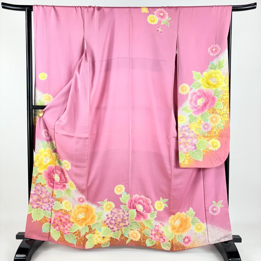 振袖 身丈162.5cm 裄丈65.5cm M 袷 牡丹 紫陽花 金銀彩 ピンク 正絹