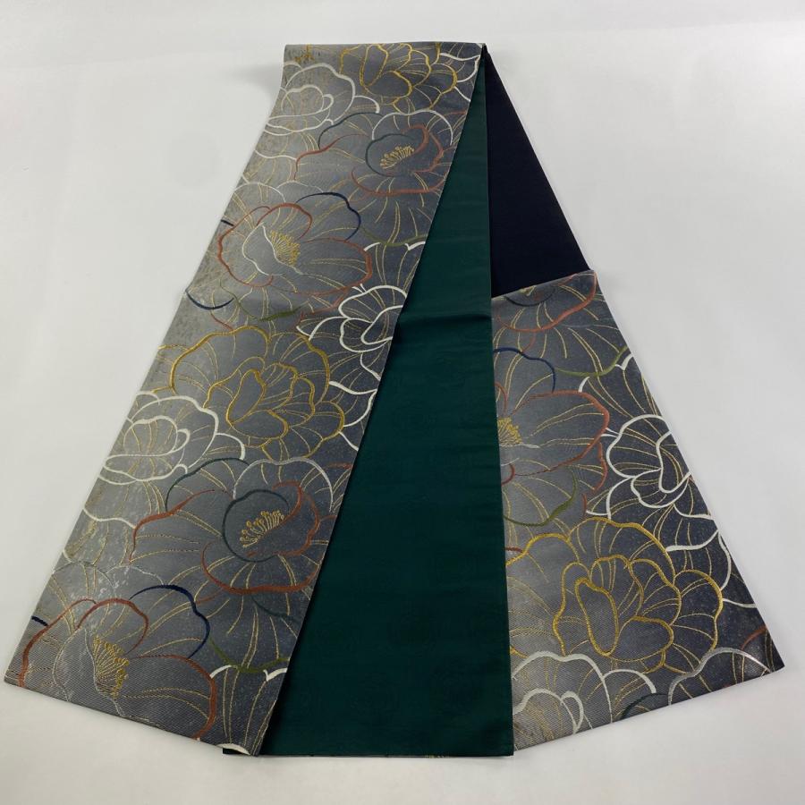 帯2913 ●高級 正絹 六通 袋帯 銀杏 絹交織袋帯「灰白色の地に金色、銀色の菊の模様」 | 帯,帯(袋帯
