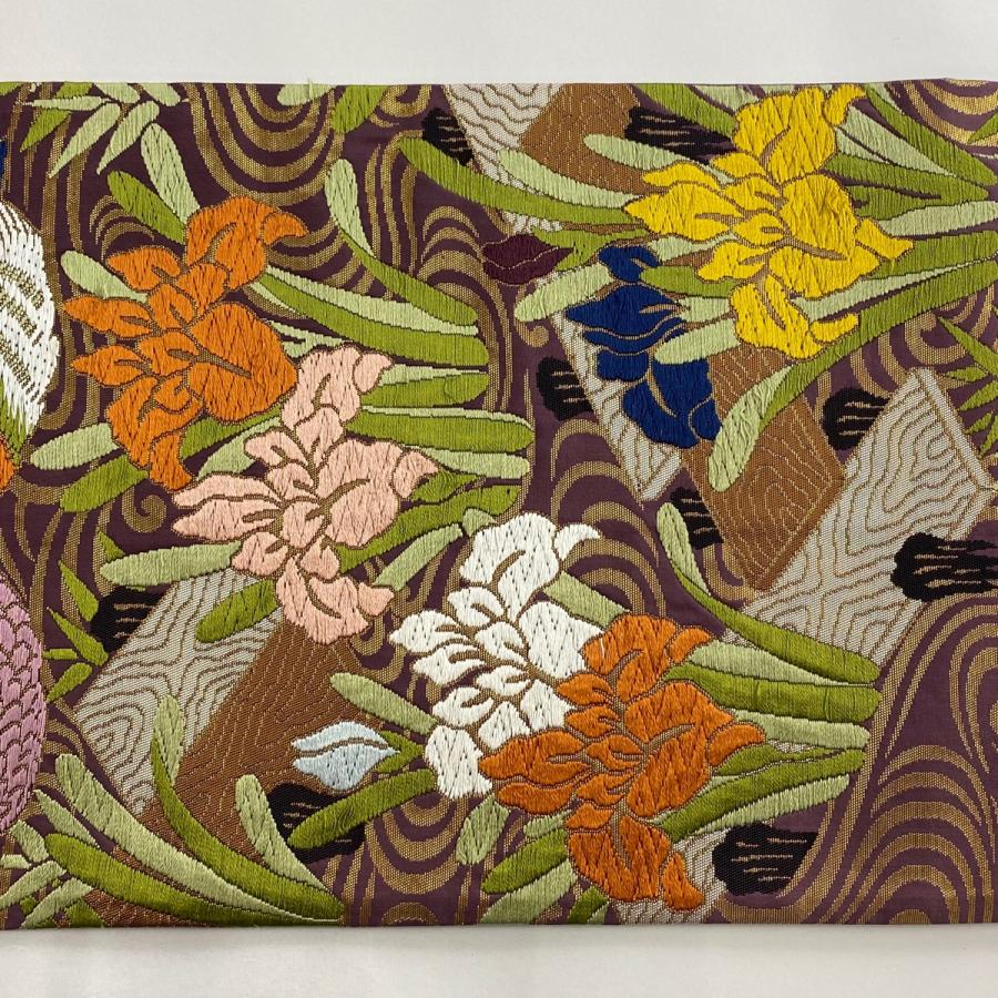 袋帯 名品 鴛鴦 菖蒲 唐織 箔 紫 六通 正絹 中古 在庫一掃 : リユース