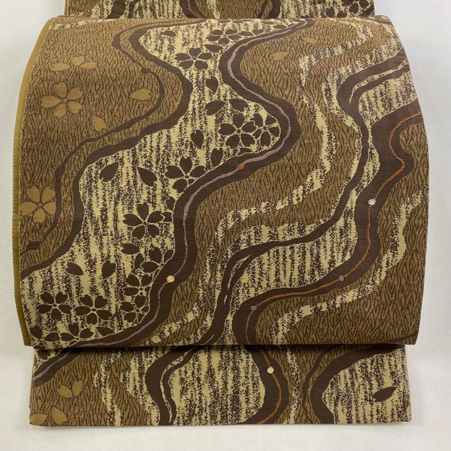 袋帯 秀品 桜 幾何学模様 刺繍 金銀糸 茶色 六通 正絹 中古 : リユース