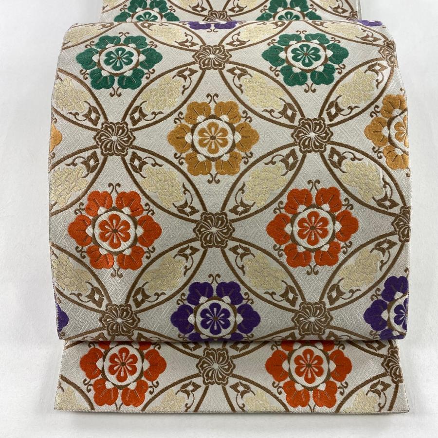 正絹豪華六通袋帯未使用に近い 袋帯 秀品 七宝 華文 灰色 六通 正絹 中古 : リユースセレクトショップ