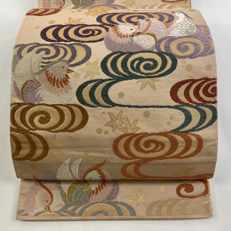 袋帯 秀品 関西仕立て 唐織 鴛鴦 観世水 金糸 箔 薄茶色 六通 正絹