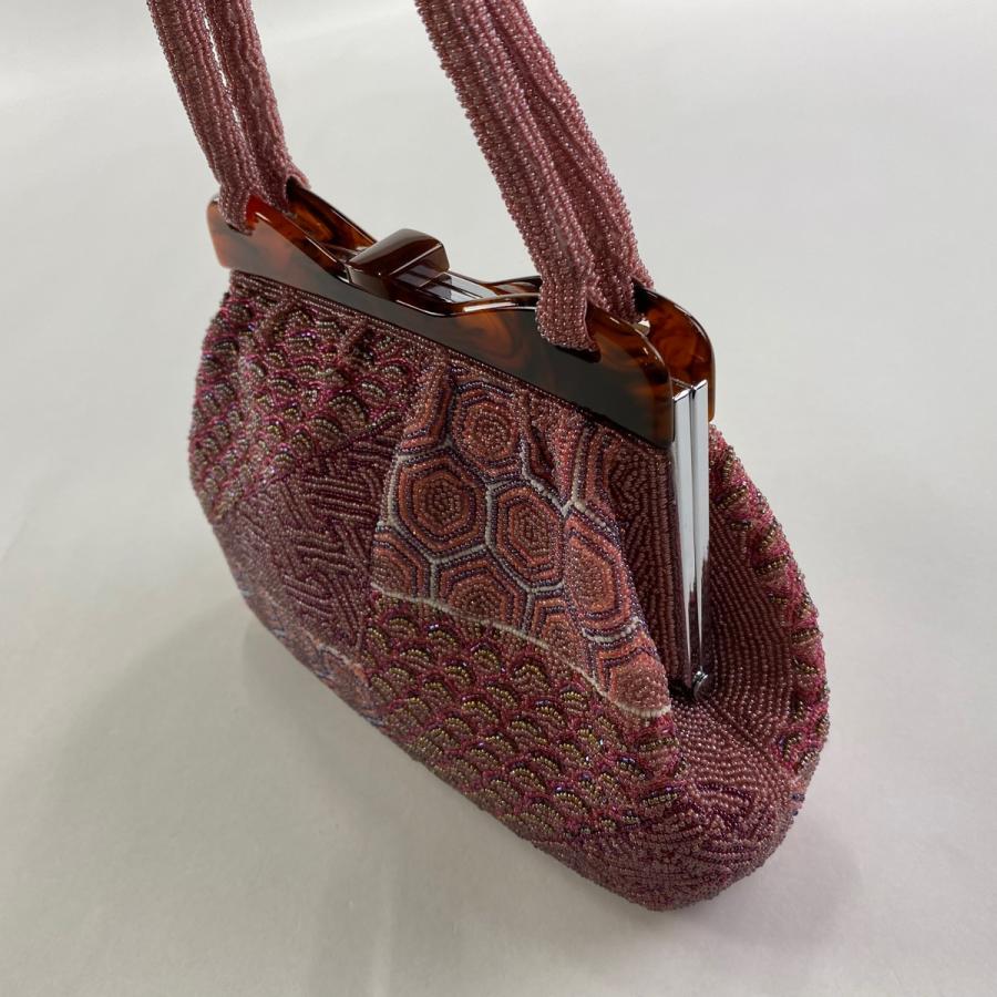 和装バッグ 美品 秀品 ビーズバッグ フォーマル 青海波 亀甲 赤紫