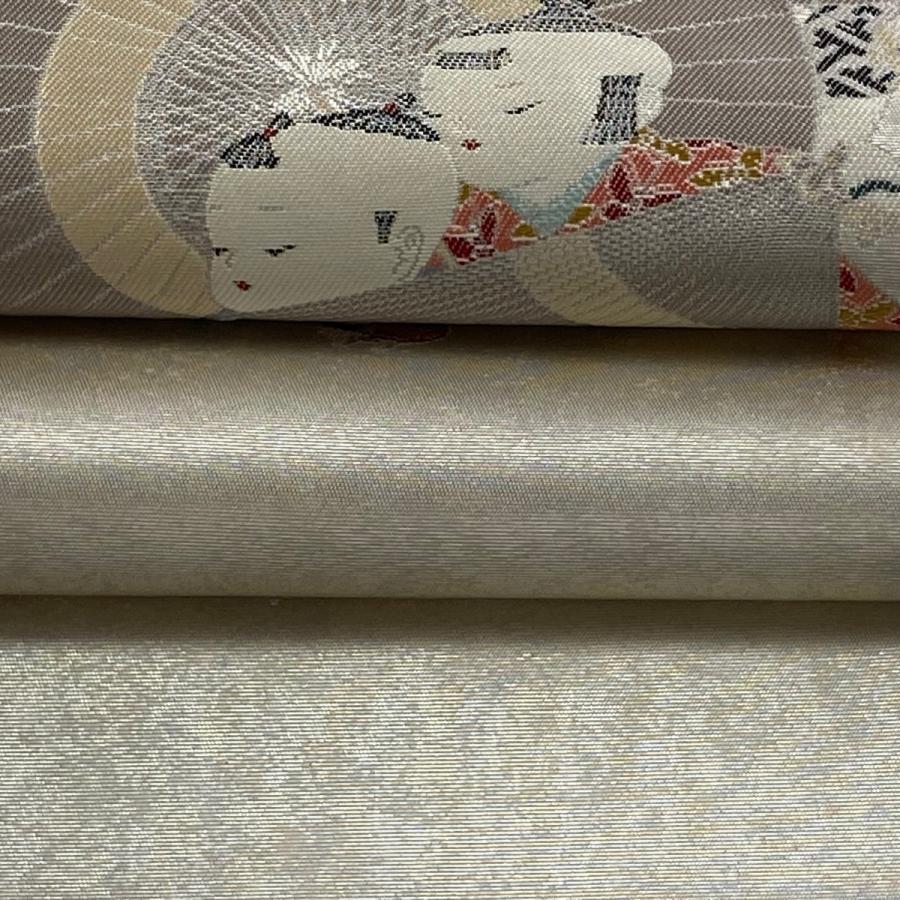 袋帯 逸品 由水十久 落款あり 童 箔 銀色 お太鼓柄 正絹 中古 