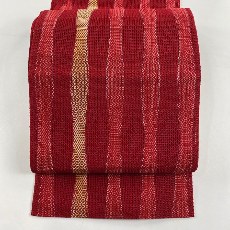 名古屋帯 優品 八寸名古屋帯 松葉仕立て 夏帯 よろけ縞 赤 正絹 中古