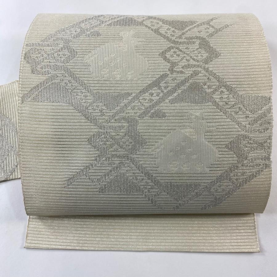 美品 名古屋帯 優品 夏帯 トンネル仕立て 有栖川 銀糸 クリーム 正絹