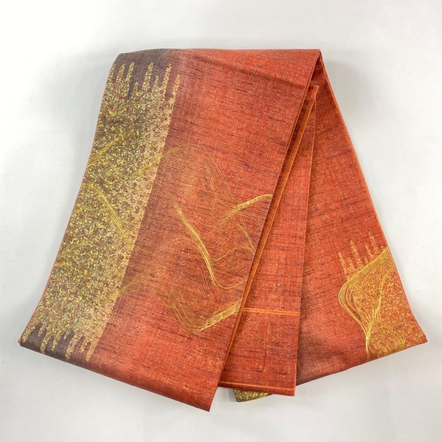 美品 袋帯 名品 関西仕立て 幾何学模様 金糸 茜色 お太鼓柄 正絹 中古