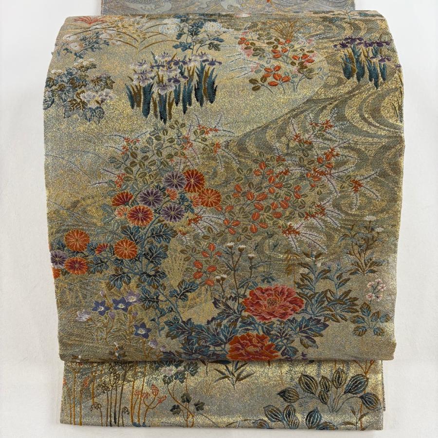 美品 丸帯 名品 リバーシブル 手先二通り 光琳かるた四季草花文 波