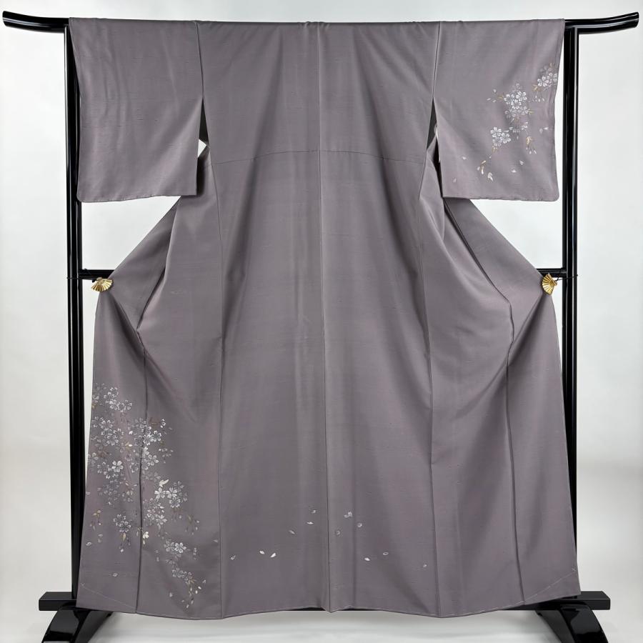付下げ 身丈160.5cm 裄丈64.5cm M 袷 紬地 桜 金彩 灰紫 正絹 名品