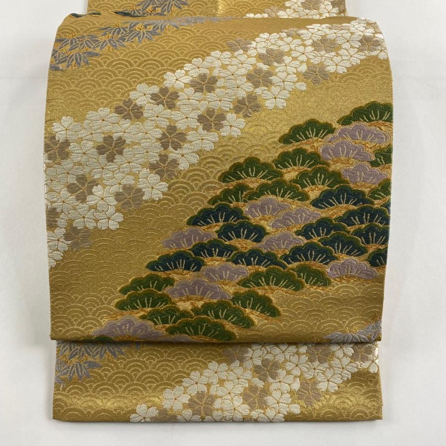 未使用美品 花井幸子袋帯 菖蒲 あやめ 金糸 シルク製 オシャレ上品 豪華 袋帯 名品 花井幸子 落款あり 貝桶 桜 金糸 箔 金色 六通 正絹 中古