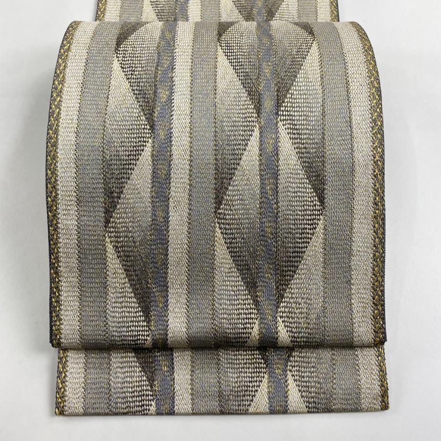 美品 袋帯 名品 ますいわ屋 幾何学模様 金糸 灰色 全通 正絹 中古