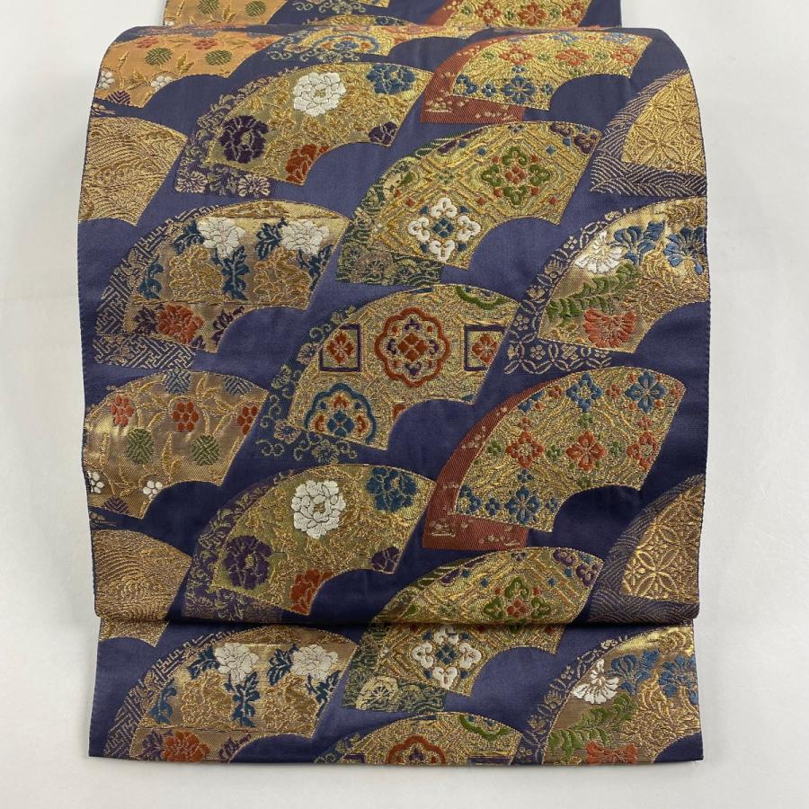 袋帯 名品 じゅらく 落款 花唐草 市松模様 金糸 箔 青紫 六通 正絹