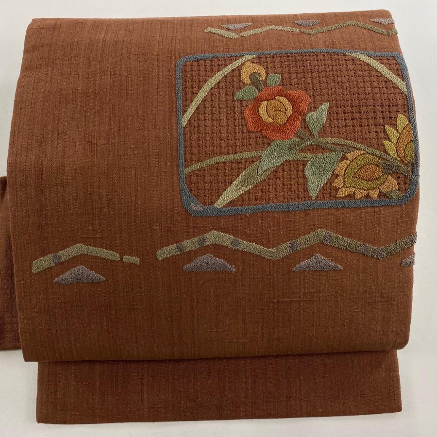 美品 名古屋帯 秀品 紬地 色紙 草花 刺繍 茶色 正絹 中古 : リユース