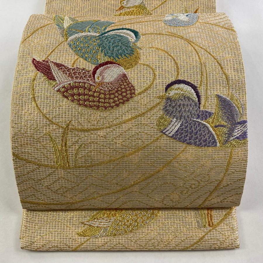 美品 袋帯 秀品 鴛鴦 流水 箔 金銀糸 金色 六通 正絹 中古 : リユース