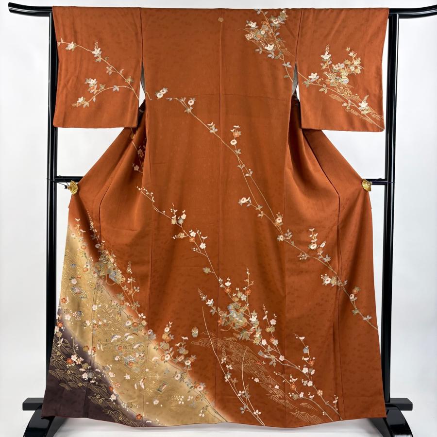 訪問着 身丈164.5cm 裄丈63.5cm S 袷 文箱 草花 金彩 染め分け 赤茶