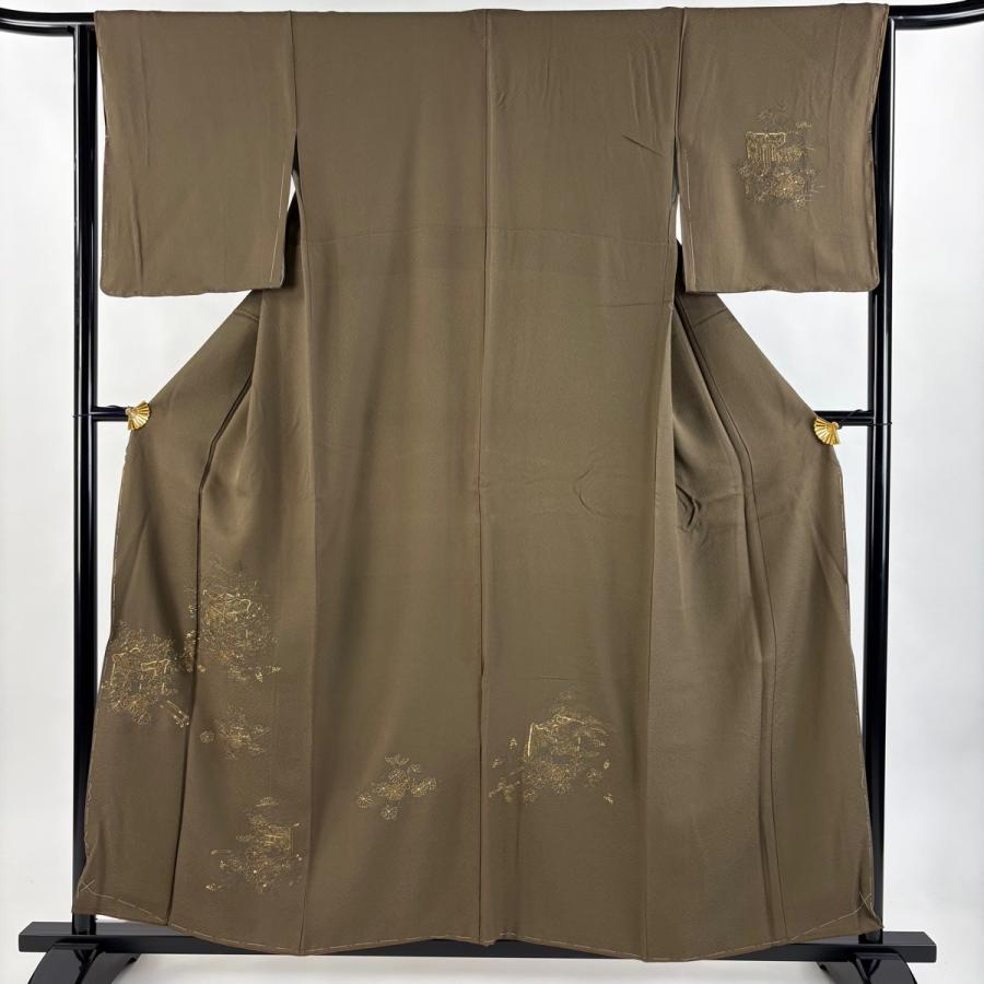 付下げ 身丈155cm 裄丈64.5cm M 袷 御所車 菊 刺繍 金糸 焦茶色 正絹