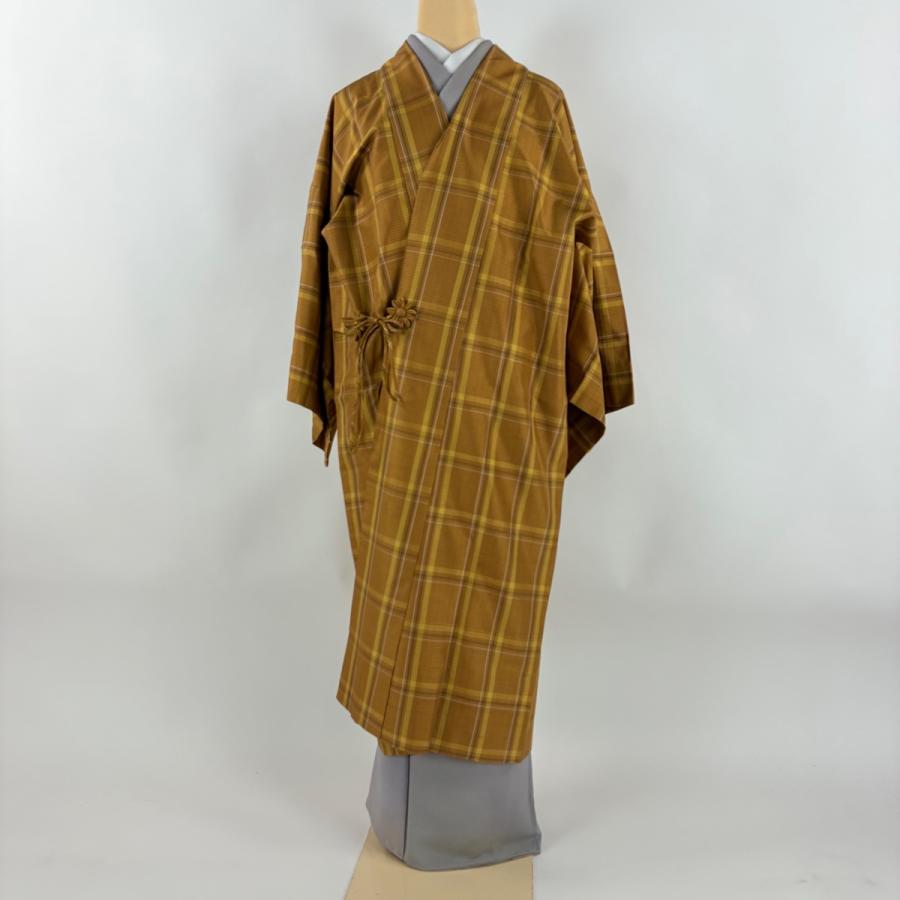美品 道中着 身丈121cm 裄丈68cm L 和装コート 紬地 格子 山吹茶色