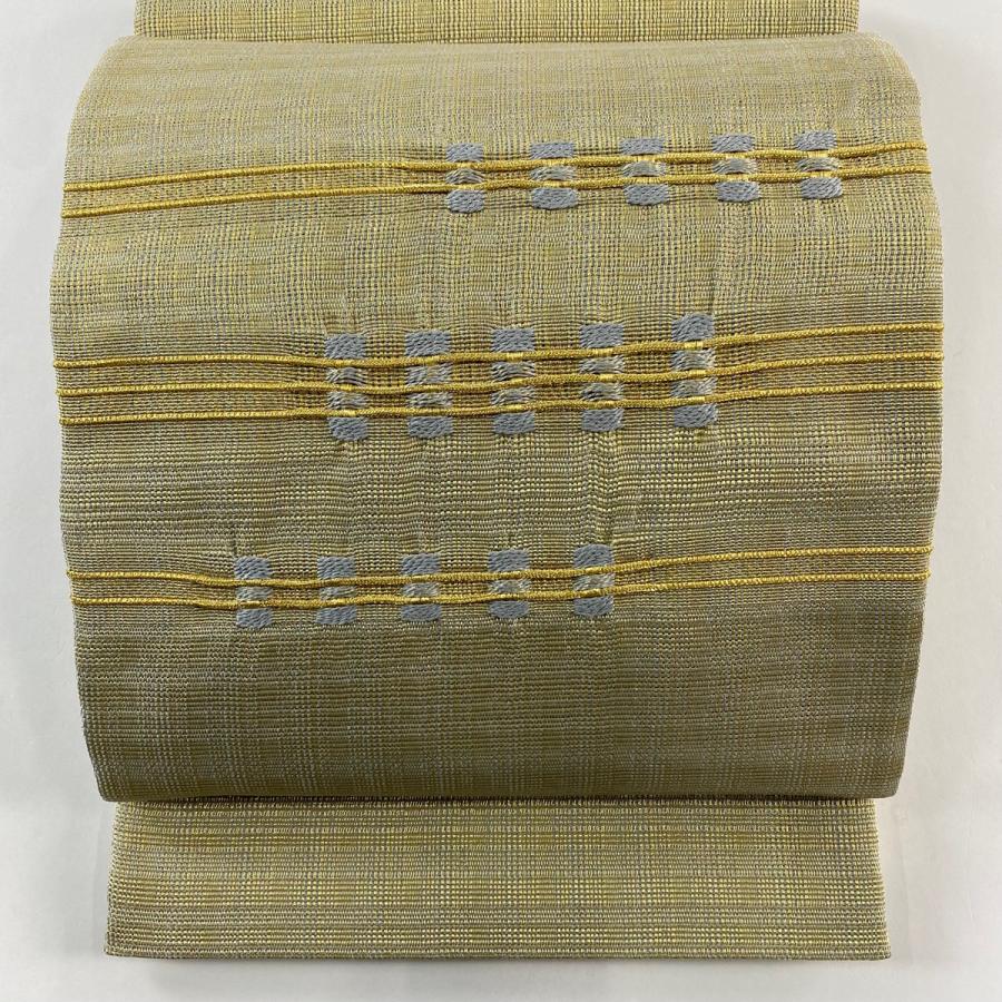 美品 袋帯 名品 縞 幾何学模様 金糸 金色 お太鼓柄 正絹 中古 在庫一掃