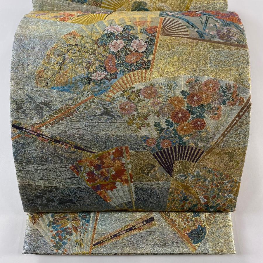 袋帯　ブラウン　扇に草花 美品】 袋帯 秀品 扇面 草花 金糸 箔 金茶 六通 正絹｜中古・古着