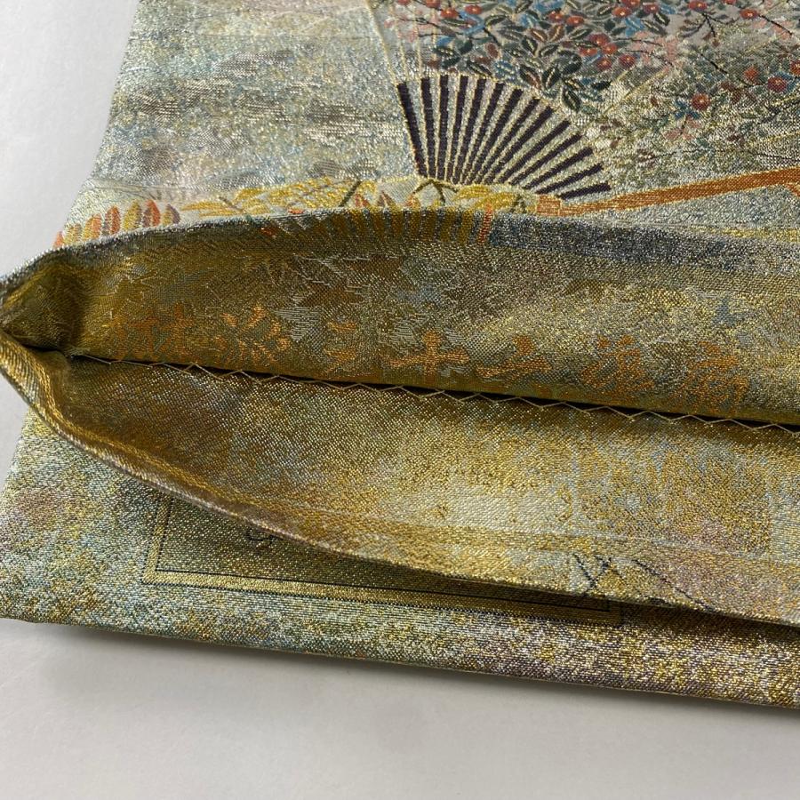 袋帯 名品 琳派三十六華扇 扇 草花 金糸 箔 金色 お太鼓柄 正絹 中古
