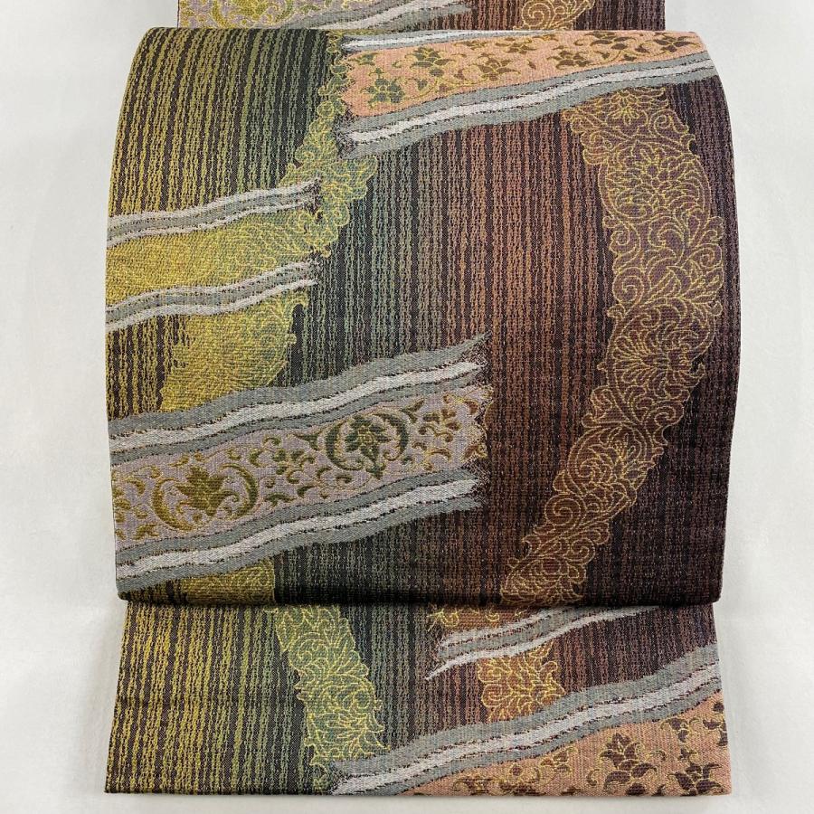 美品 袋帯 名品 花唐草 縞 箔 ぼかし 茶緑色 六通 正絹 中古 在庫一掃