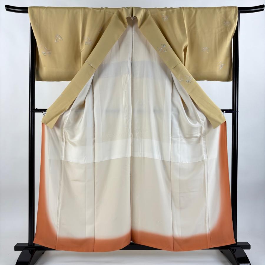 小紋 身丈158.5cm 裄丈66cm M 袷 幾何学 花 金彩 薄黄 正絹 秀品 中古
